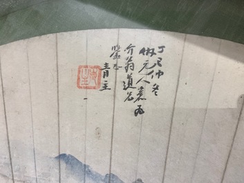 Chinese school, ink and color on paper fan leaf: 'Mountainous landscape', 19/20th C.