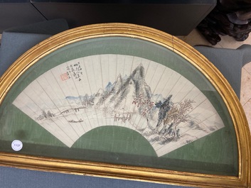 Chinese school, ink and color on paper fan leaf: 'Mountainous landscape', 19/20th C.