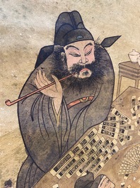 D'apr&egrave;s You Qiu (ca. 1525-1580), estampe rehauss&eacute; d'encre et couleurs: 'Quatre joueurs de mahjong', 20&egrave;me