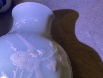 A Chinese monochrome blue censer and a white slip-decorated celadon vase, 18/19th C.