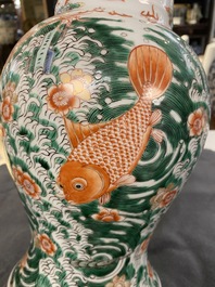 A Chinese famille verte 'yenyen' vase with a dragon and carps, Kangxi mark, 19th C.
