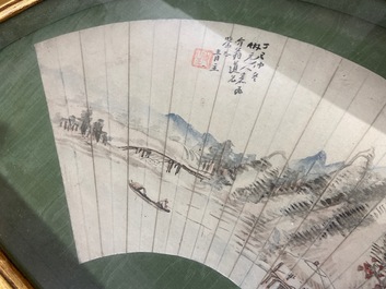 Chinese school, ink and color on paper fan leaf: 'Mountainous landscape', 19/20th C.