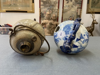 A Vietnamese 'Bat Trang' stoneware waterpipe and a Chinese 'Bleu de Hue' lime pot, 19th C.