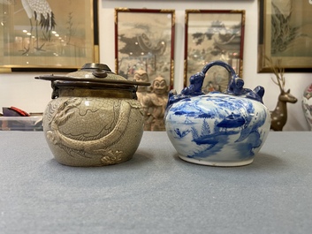 A Vietnamese 'Bat Trang' stoneware waterpipe and a Chinese 'Bleu de Hue' lime pot, 19th C.