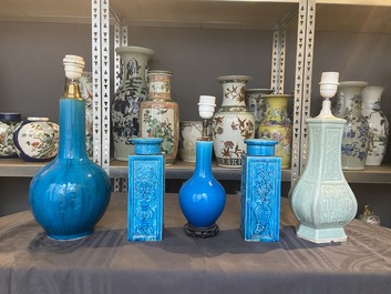 Four Chinese monochrome turquoise vases and a celadon vase, 19/20th C.