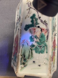 A hexagonal Chinese famille rose brush pot with figurative panels, Yongzheng