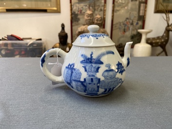 A Chinese blue and white 'antiquities' teapot and cover, Jiajing mark, Kangxi