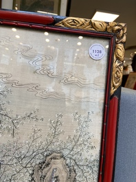 Chinese school, ink and color on silk: 'Two scenes with ladies near a river', 19th C.