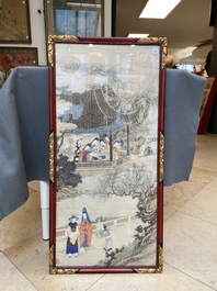 Chinese school, ink and color on silk: 'Two scenes with ladies near a river', 19th C.