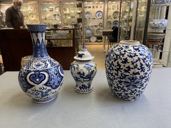 Three Chinese blue and white vases, 19th C.