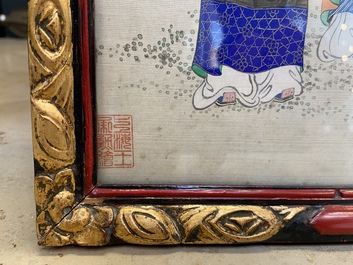 Chinese school, ink and color on silk: 'Two scenes with ladies near a river', 19th C.