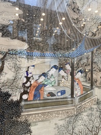 Chinese school, ink and color on silk: 'Two scenes with ladies near a river', 19th C.