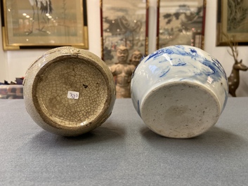 A Vietnamese 'Bat Trang' stoneware waterpipe and a Chinese 'Bleu de Hue' lime pot, 19th C.