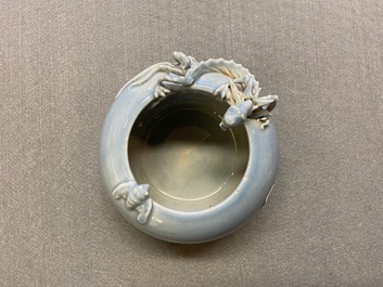 A Chinese monochrome lavender-blue brush washer with a dragon, Yongzheng mark, 19th C.