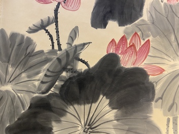 Lou Shibai (1918-2010), encre et couleurs sur papier: 'Fleurs de lotus'