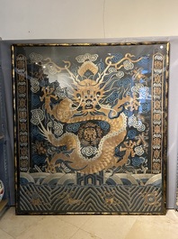 A large Chinese imperial gold thread-embroidered silk 'dragon' panel, Qing