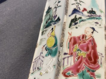 A hexagonal Chinese famille rose brush pot with figurative panels, Yongzheng