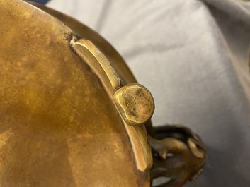 A large Chinese bronze tripod censer with chilong handles, Xuande mark, 18/19th C.