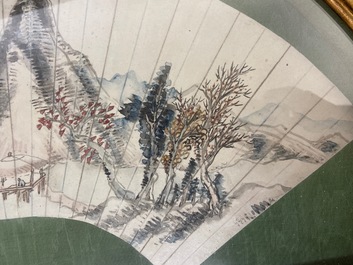 Chinese school, ink and color on paper fan leaf: 'Mountainous landscape', 19/20th C.