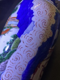 A Chinese wucai rouleau vase and a blue, white and copper-red vase, 19/20th C.