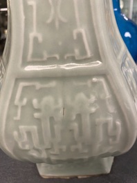Four Chinese monochrome turquoise vases and a celadon vase, 19/20th C.