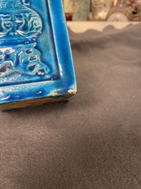 Four Chinese monochrome turquoise vases and a celadon vase, 19/20th C.
