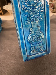 Four Chinese monochrome turquoise vases and a celadon vase, 19/20th C.