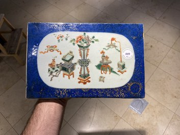 Two Chinese famille verte powder blue-ground plaques, Kangxi