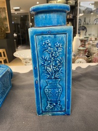 Four Chinese monochrome turquoise vases and a celadon vase, 19/20th C.