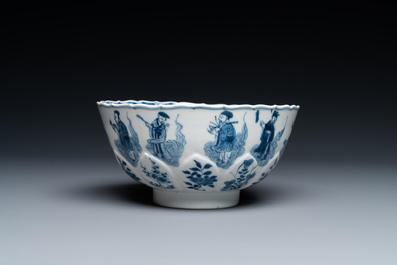 A Chinese blue and white lotus-shaped 'immortals' bowl, Chenghua mark, Kangxi