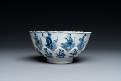 A Chinese blue and white lotus-shaped 'immortals' bowl, Chenghua mark, Kangxi