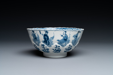 A Chinese blue and white lotus-shaped 'immortals' bowl, Chenghua mark, Kangxi