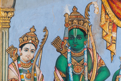 Thanjavur school, India: 'Vishnu', kleur en bladgoud op papier, 19e eeuw