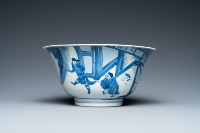 A Chinese blue and white bowl with a narrative scene, Kangxi