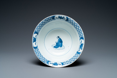 A Chinese blue and white bowl with a narrative scene, Kangxi