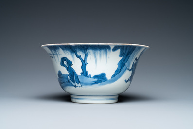 A Chinese blue and white bowl with a narrative scene, Kangxi