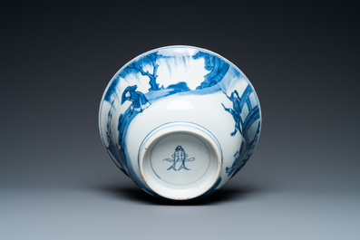 A Chinese blue and white bowl with a narrative scene, Kangxi