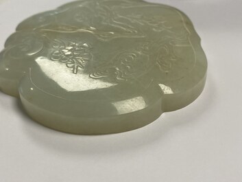 A Chinese wooden box with a white jade 'ruyi' plaque as cover, 18/19th C.