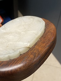A Chinese wooden box and cover with a white jade 'quail' plaque, 18/19th C.