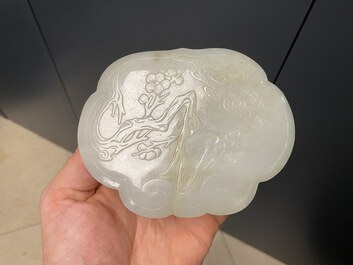 A Chinese wooden box with a white jade 'ruyi' plaque as cover, 18/19th C.