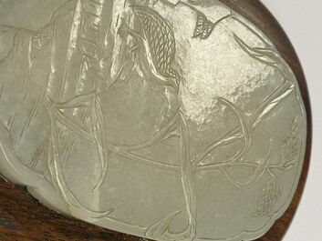A Chinese wooden box and cover with a white jade 'quail' plaque, 18/19th C.