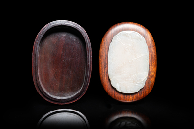 A Chinese wooden box and cover with a white jade 'quail' plaque, 18/19th C.