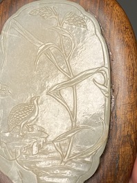 A Chinese wooden box and cover with a white jade 'quail' plaque, 18/19th C.
