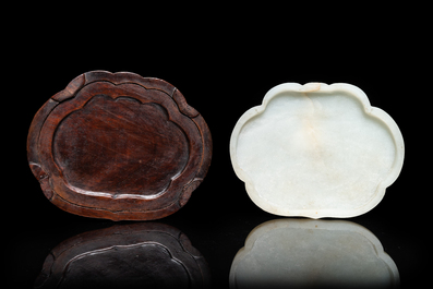 A Chinese wooden box with a white jade 'ruyi' plaque as cover, 18/19th C.