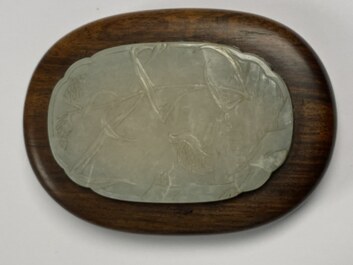 A Chinese wooden box and cover with a white jade 'quail' plaque, 18/19th C.