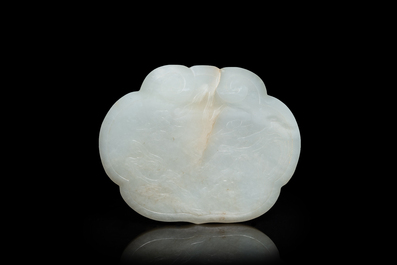 A Chinese wooden box with a white jade 'ruyi' plaque as cover, 18/19th C.