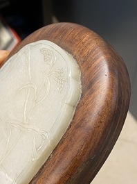 A Chinese wooden box and cover with a white jade 'quail' plaque, 18/19th C.