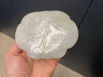 A Chinese wooden box with a white jade 'ruyi' plaque as cover, 18/19th C.