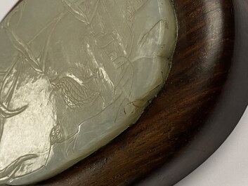 A Chinese wooden box and cover with a white jade 'quail' plaque, 18/19th C.