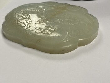 A Chinese wooden box with a white jade 'ruyi' plaque as cover, 18/19th C.